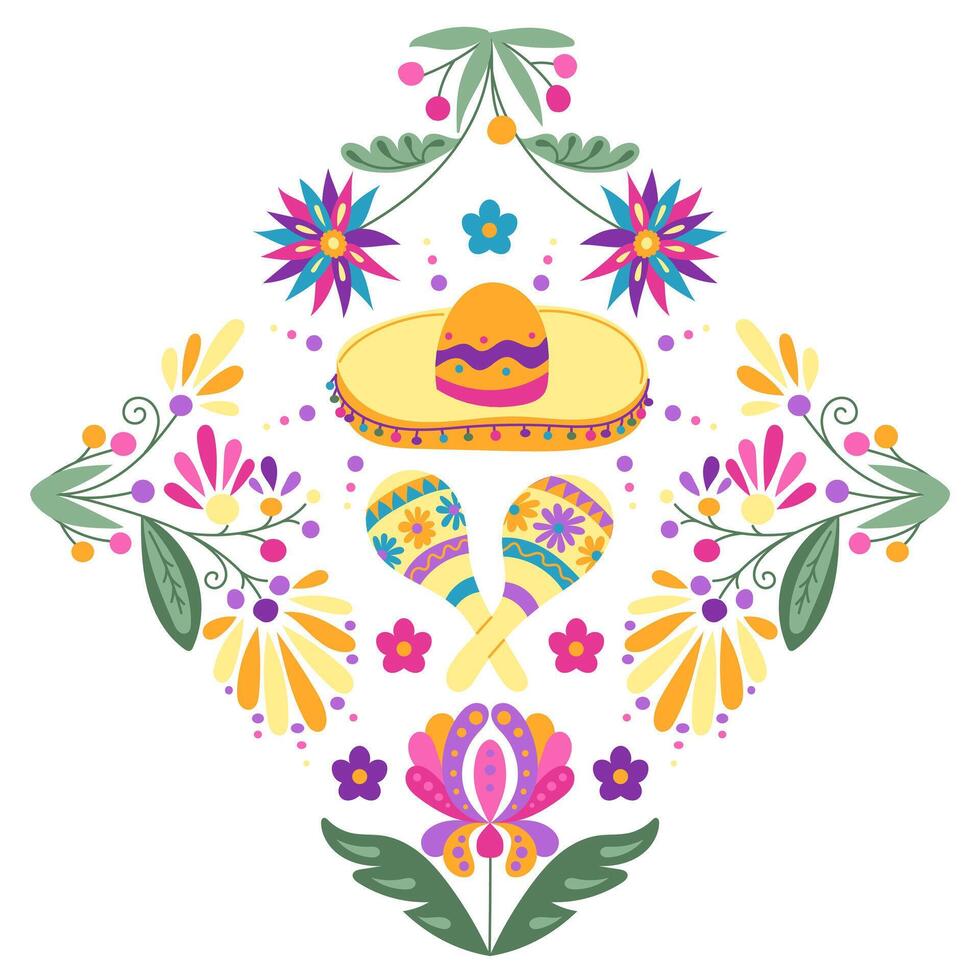 Mexican Folk mirrored composition with fantasy flowers and leaves and decorated maracas with sombrero in bright color. Dia de los Muertos holiday illustration isolated on white background vector