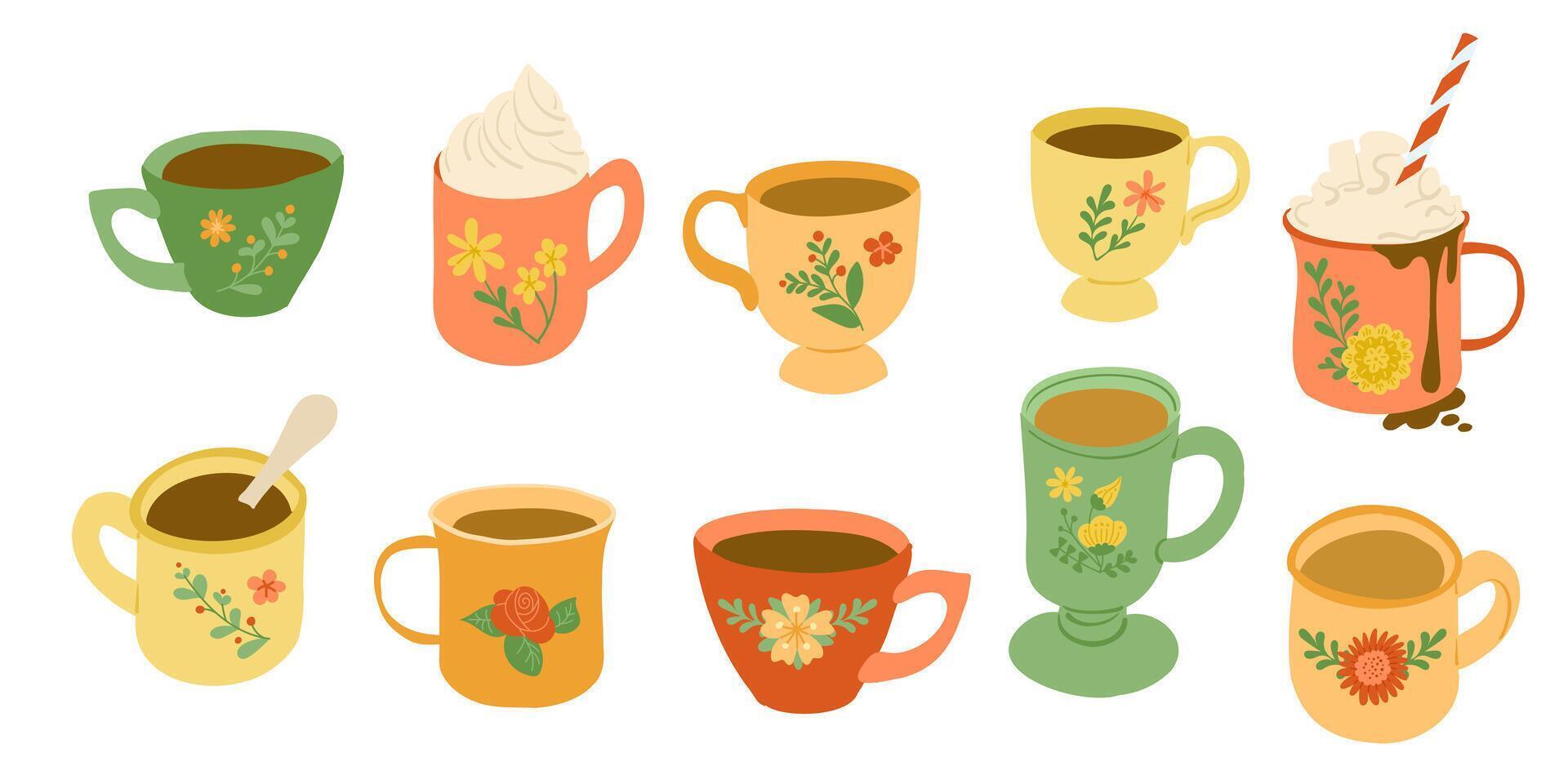 Flat hand drawn set of colorful cups with tea and coffee beverages and abstract flowers vector