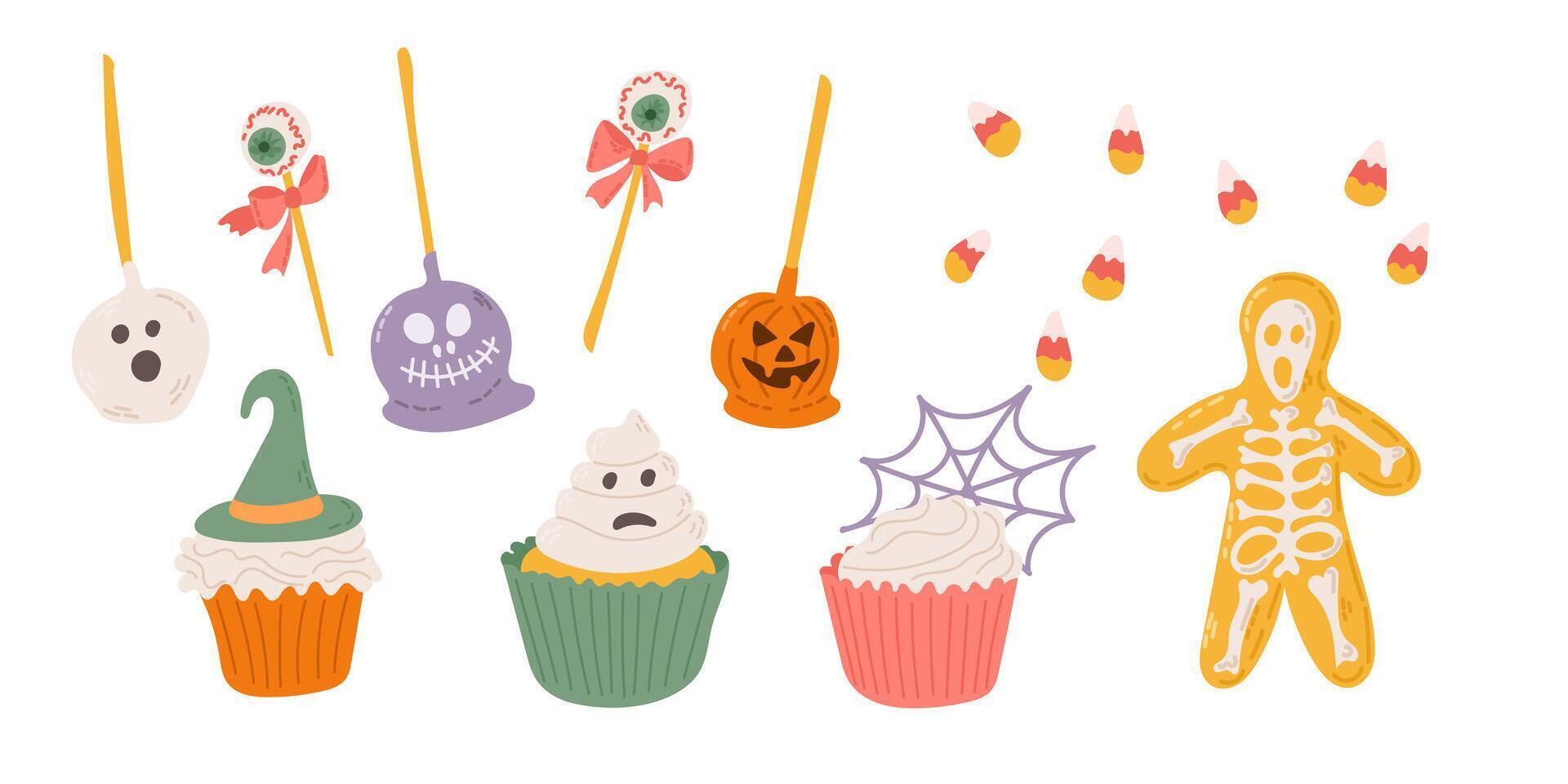 Halloween sweet flat set of hand drawn elements. Spooky design for Halloween food and candies isolated on white background vector