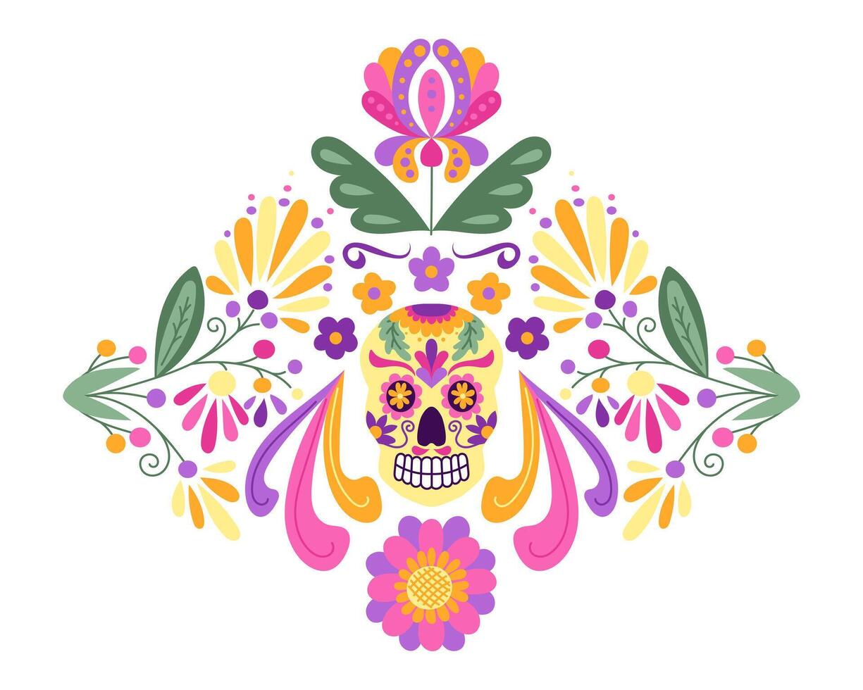 Mexican Folk floral mirrored composition with fantasy flowers and leaves and decorated skull in bright color. Dia de los Muertos holiday illustration isolated on white background vector