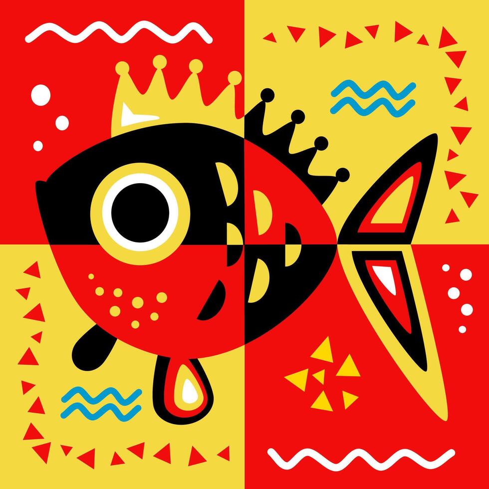 Queen fish in red yellow and black seamless pattern tiles vector
