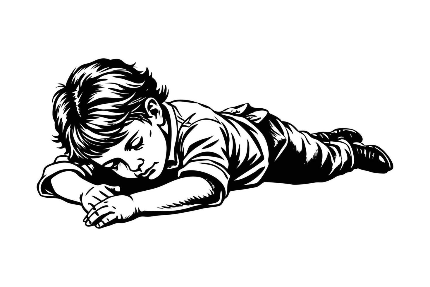 A black and white drawing of a little boy laying on his stomach vector