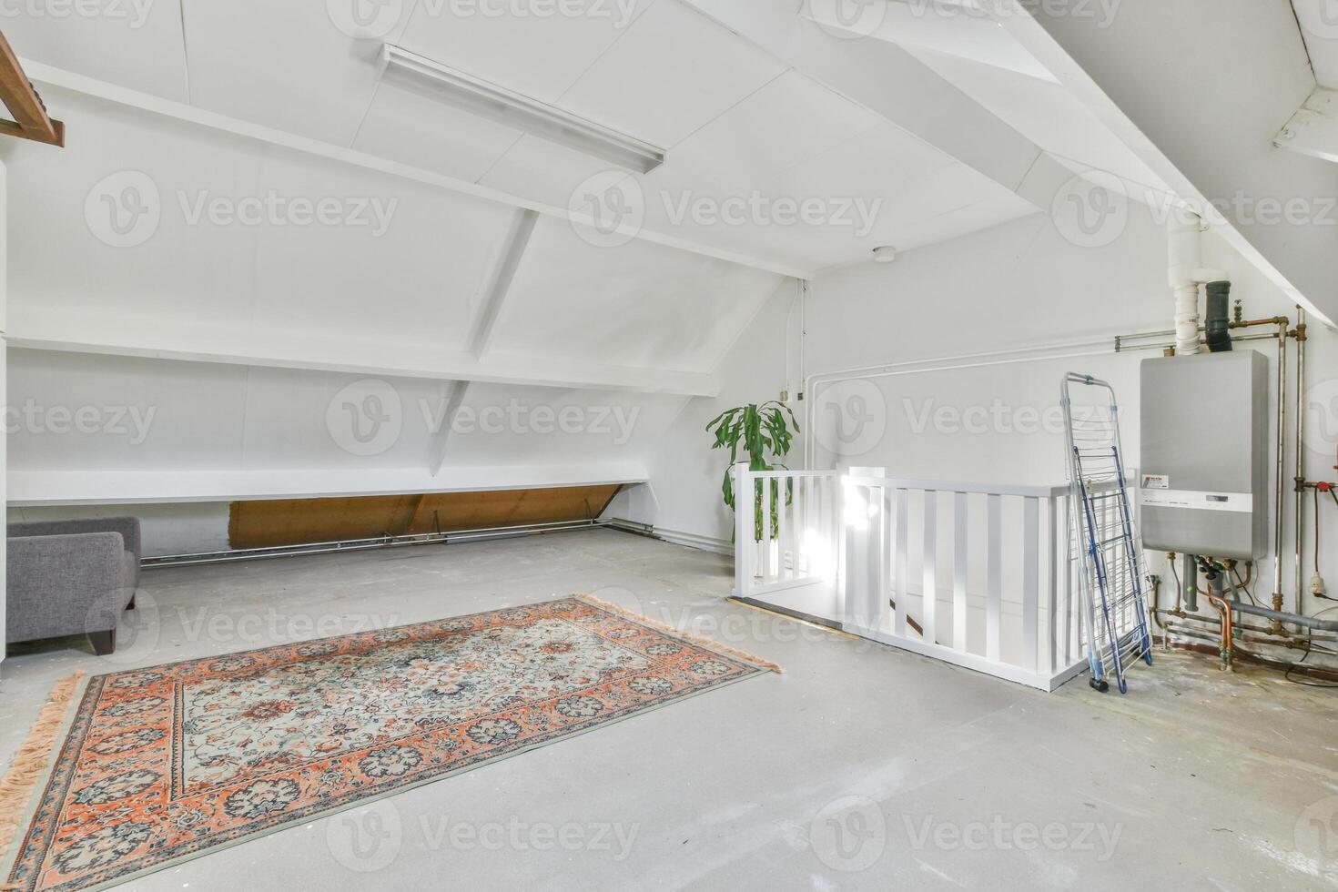 An empty room with a ladder and a rug photo