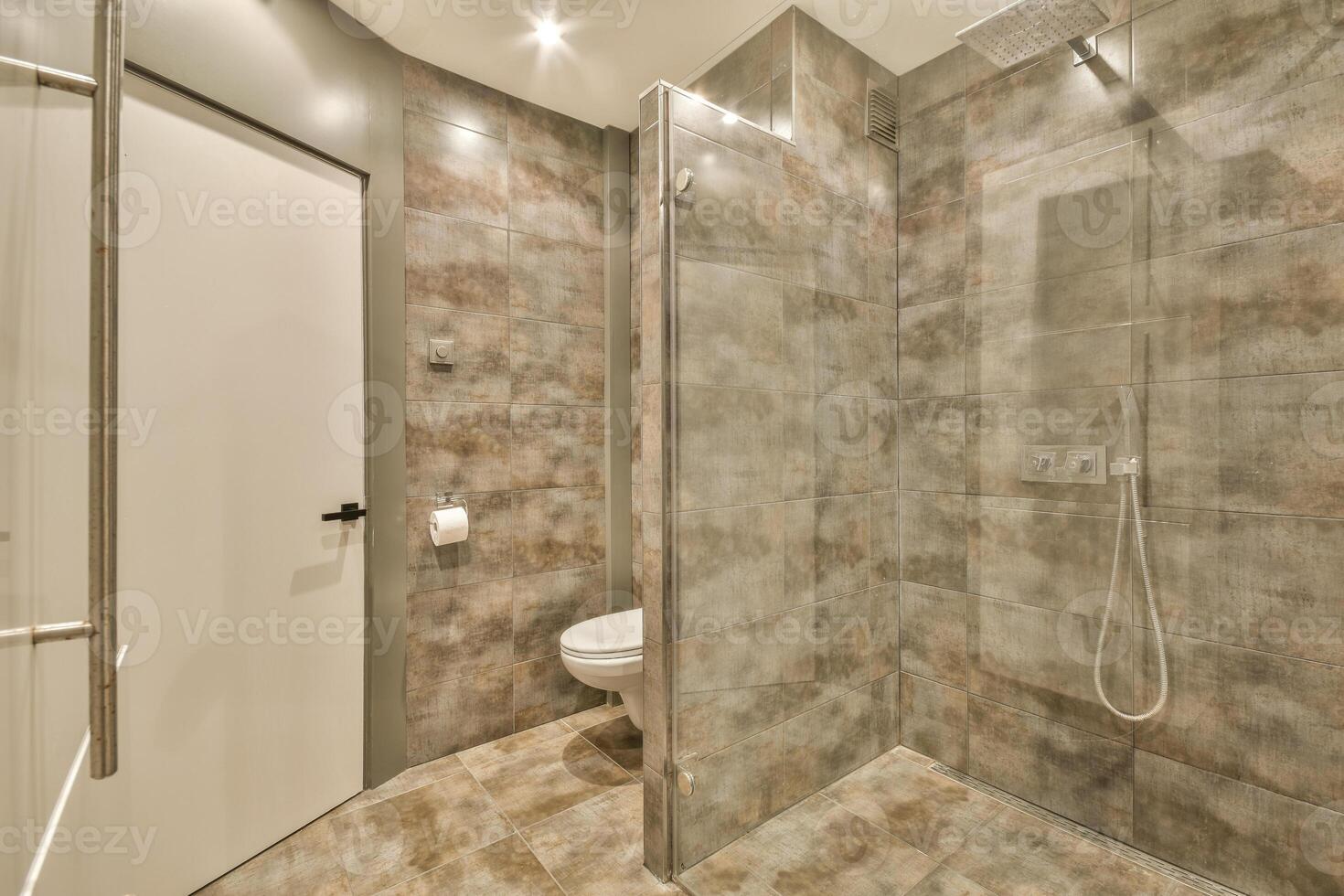 A bathroom with a shower and toilet photo