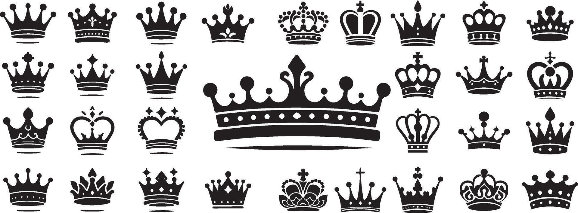 Royal King and Queen Crown Silhouette Icon Set illustration on White Background. vector