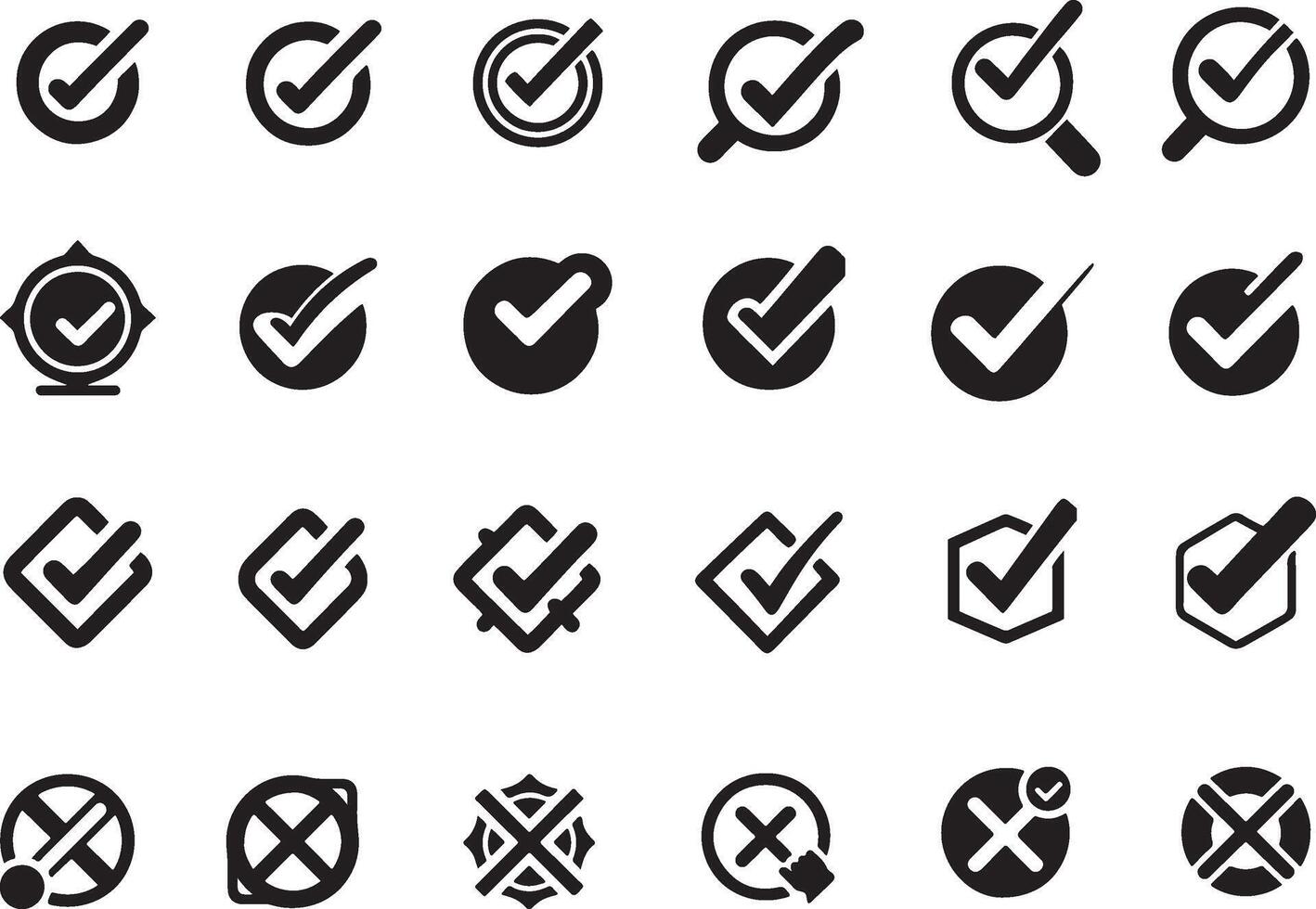 Set of Black Cross Mark and Check Mark Icon illustration on isolated Background. vector