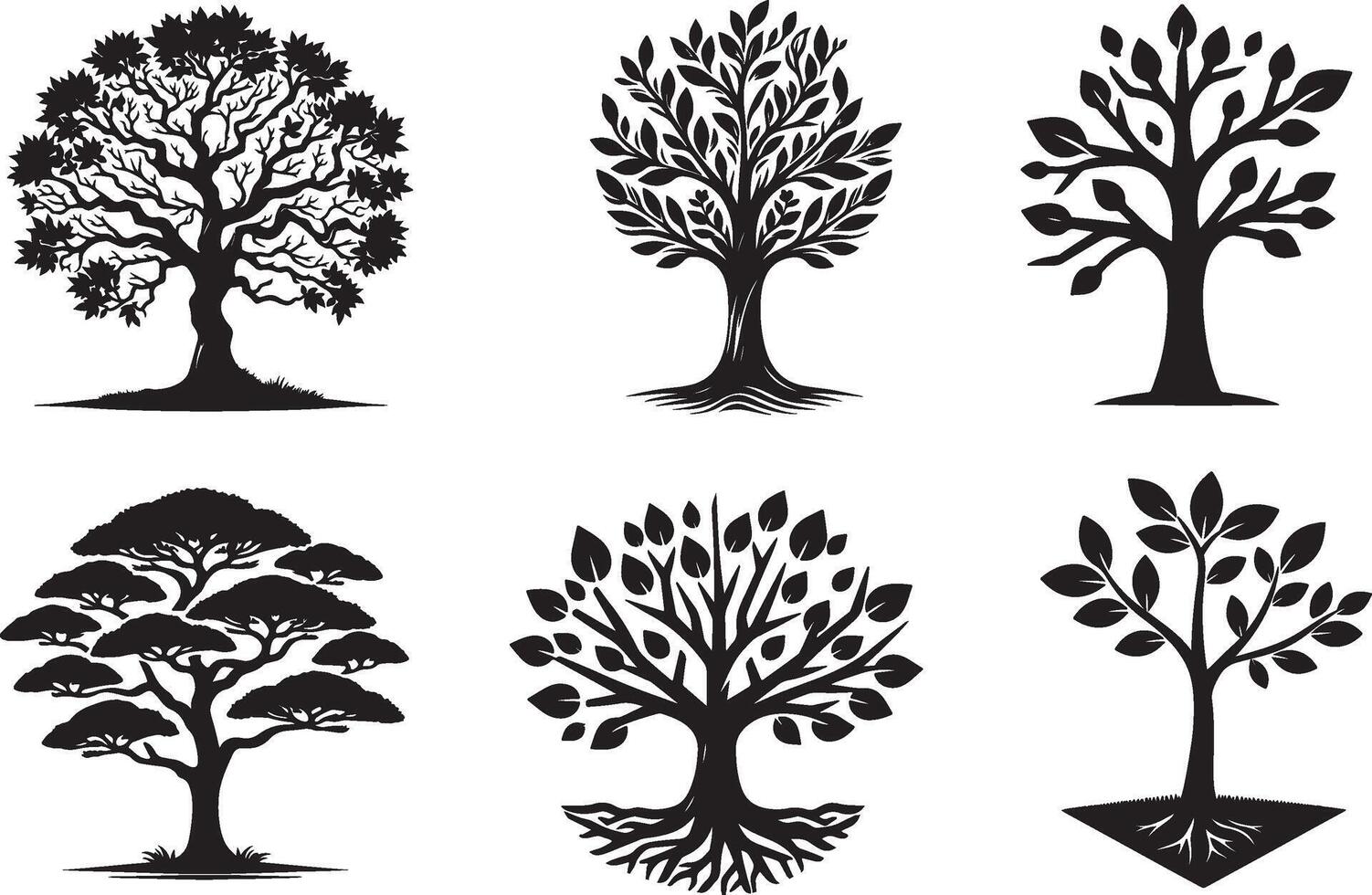 Simple Collection of Tree Silhouette Set, Set of Graphics Trees Elements for Design on White Background. vector