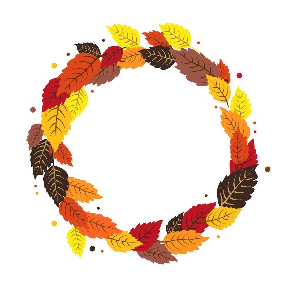isolated round frame of yellow dry alder autumn leaves. Border for text and lettering. Isolated flat illustration with brown plants for design, greeting card, banner, board, flyer, sale, poster vector