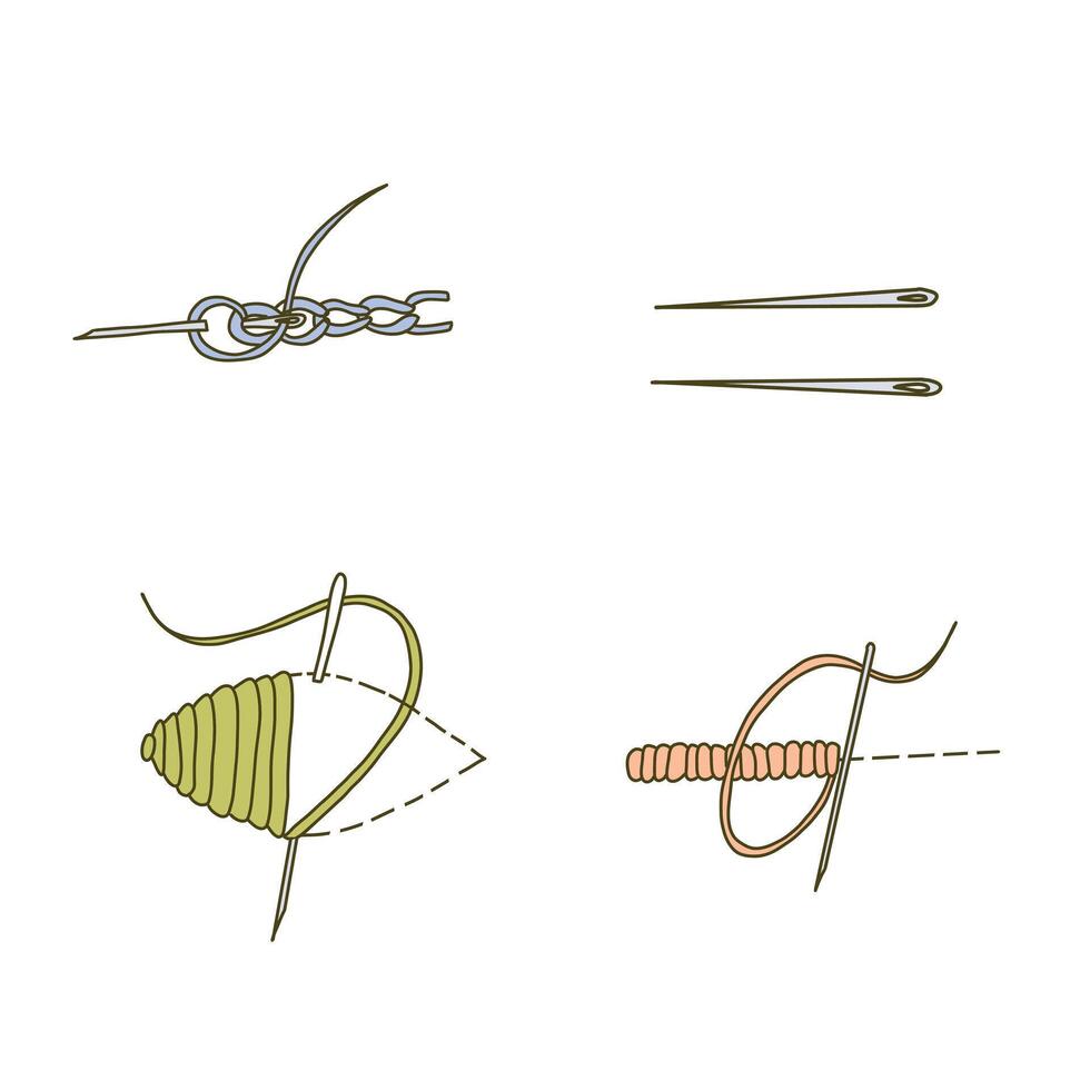 Set of different Embroidery Stitches and two Needles. Needle and Thread silhouettes. Hand drawn illustration isolated on white background. Perfect for Manual stitching, Embroidery, Crafting projects. vector