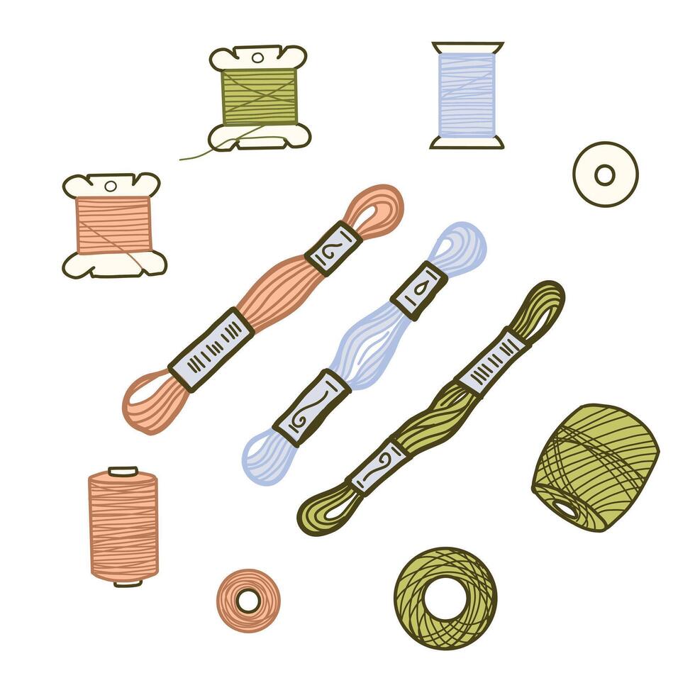 Threads and Spools for Sewing and Embroidery, Knitting or Macrame. Hand drawn colored illustration of Skeins. Set for seamstress, handicraft in doodle style, isolated on white background. vector
