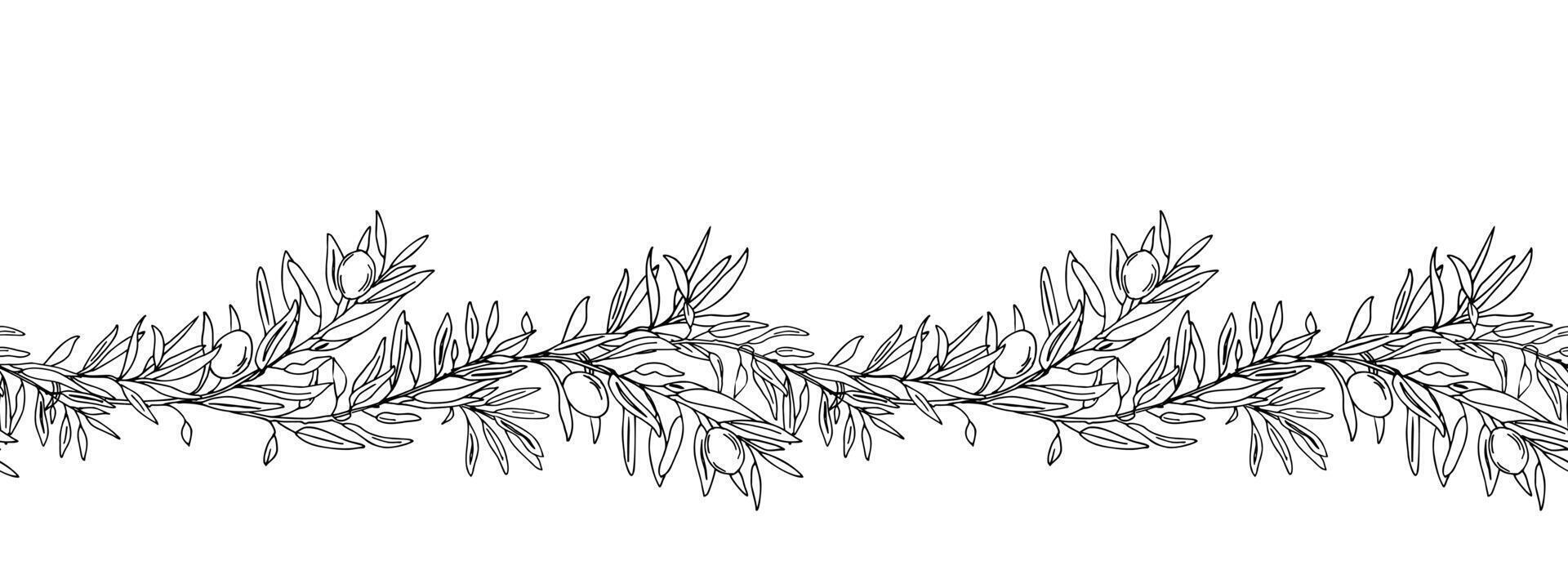 Horizontal Olive Branch Seamless Border Pattern. Hand drawn Ink Botanical illustration. Can be used for fabric, kitchen textile, packaging prints, frames, adhesive tape and paper design. vector