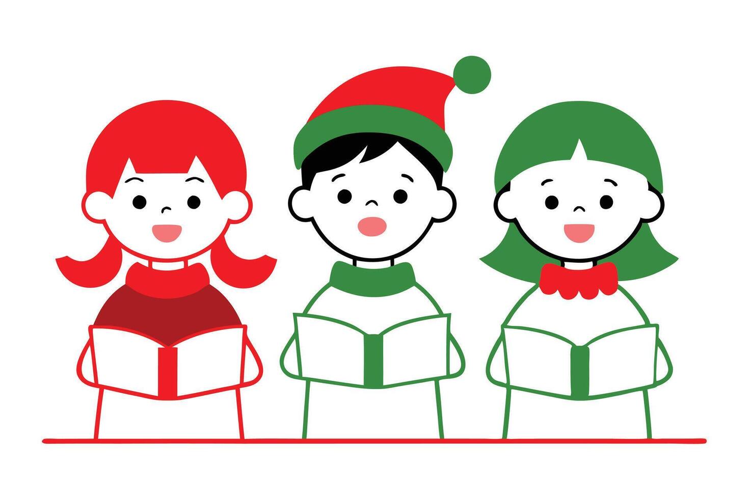 Christmas caroling children line art, clipart illustration with isolated on white background vector