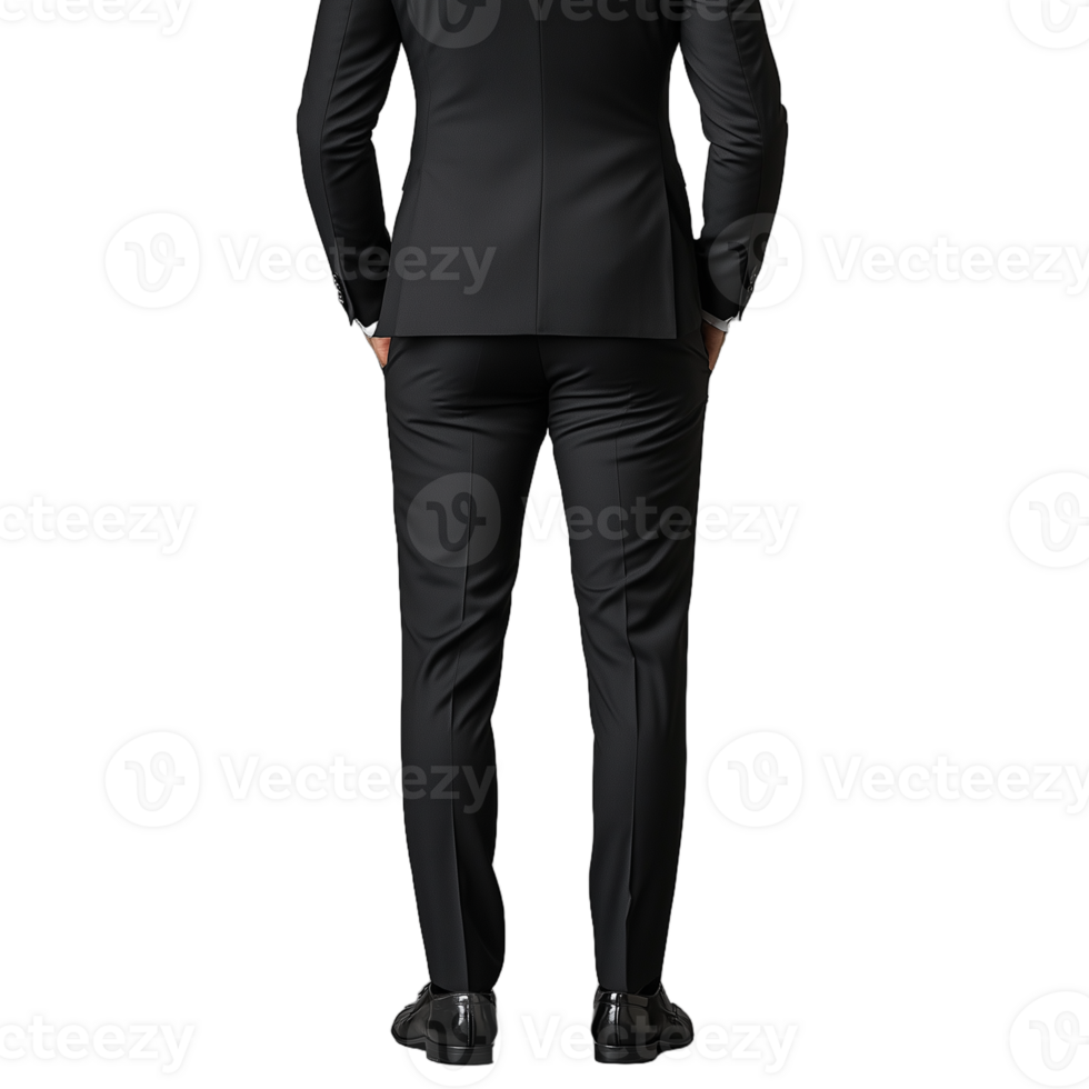 Man in a black suit standing confidently with his hands behind his back, isolated on a transparent background png
