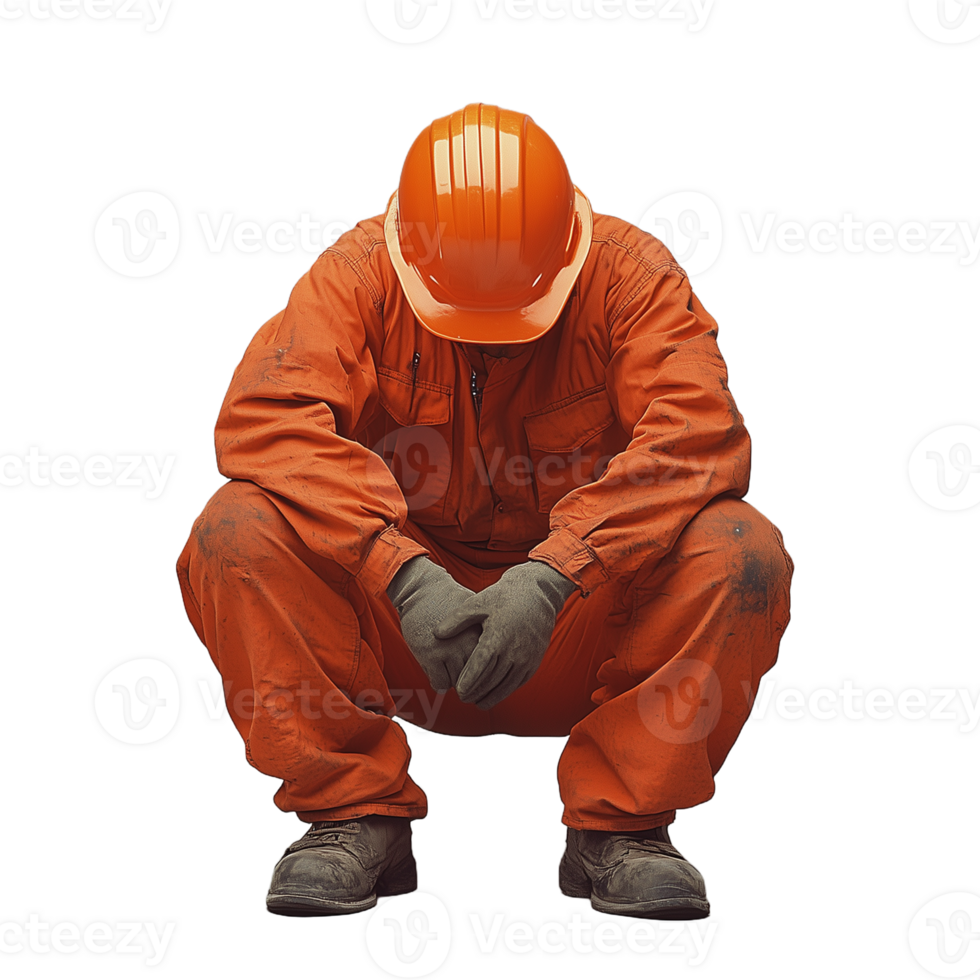Construction worker in orange overalls and a hard hat, squatting and resting, isolated on a transparent background png