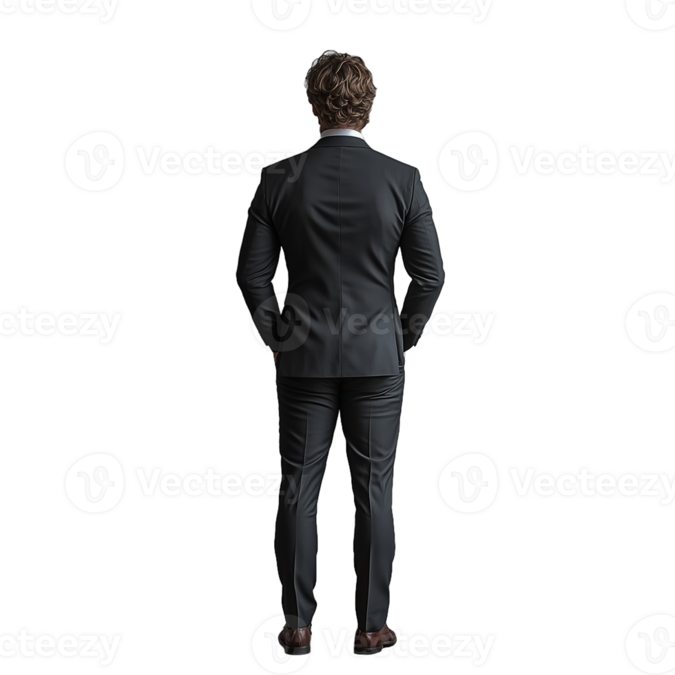 Rear view of a man in a formal black suit, standing with hands in pockets, isolated on a transparent background png
