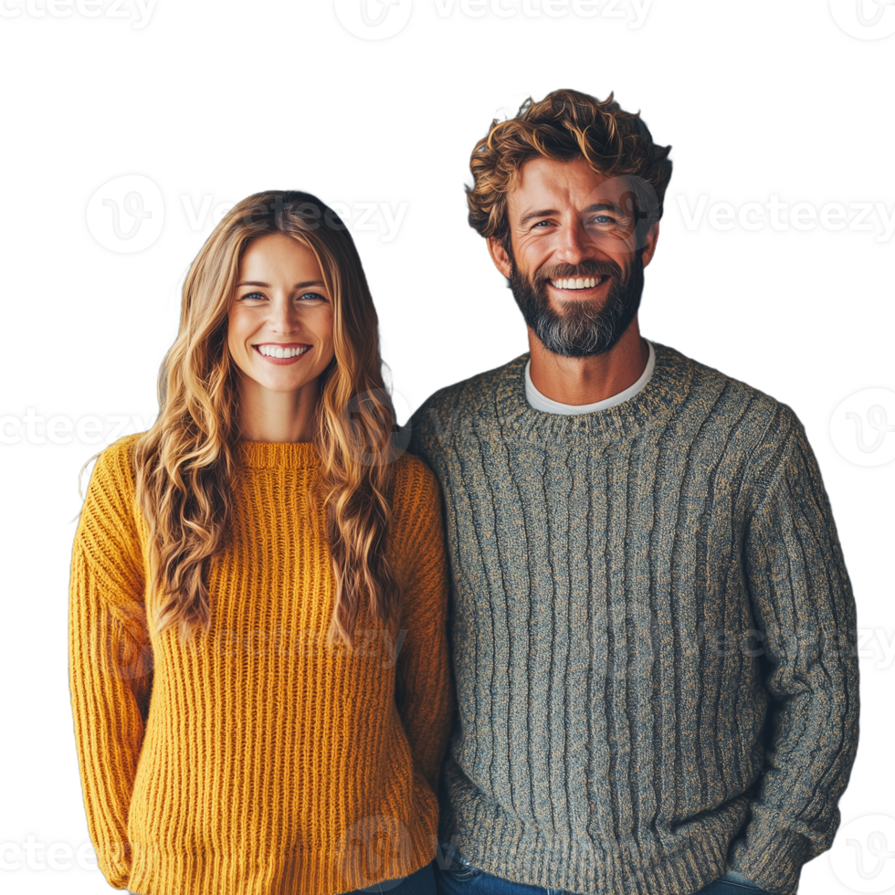 Happy couple dressed casually, smiling and standing together, showing love and friendship, isolated on a transparent background png