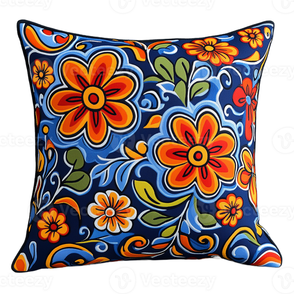 Pillow with colorful floral patterns, adding a decorative touch to interiors, isolated on a transparent background png