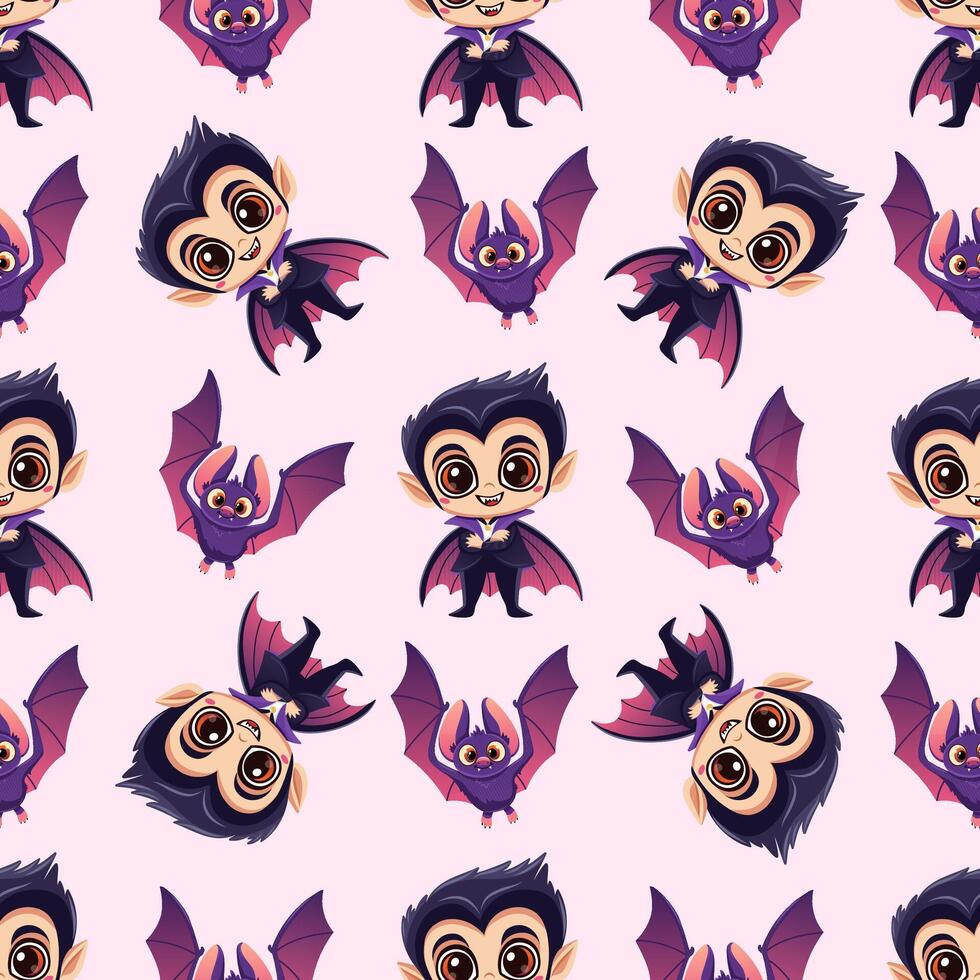 Cute Halloween vampire and bat seamless pattern on a soft pink background vector