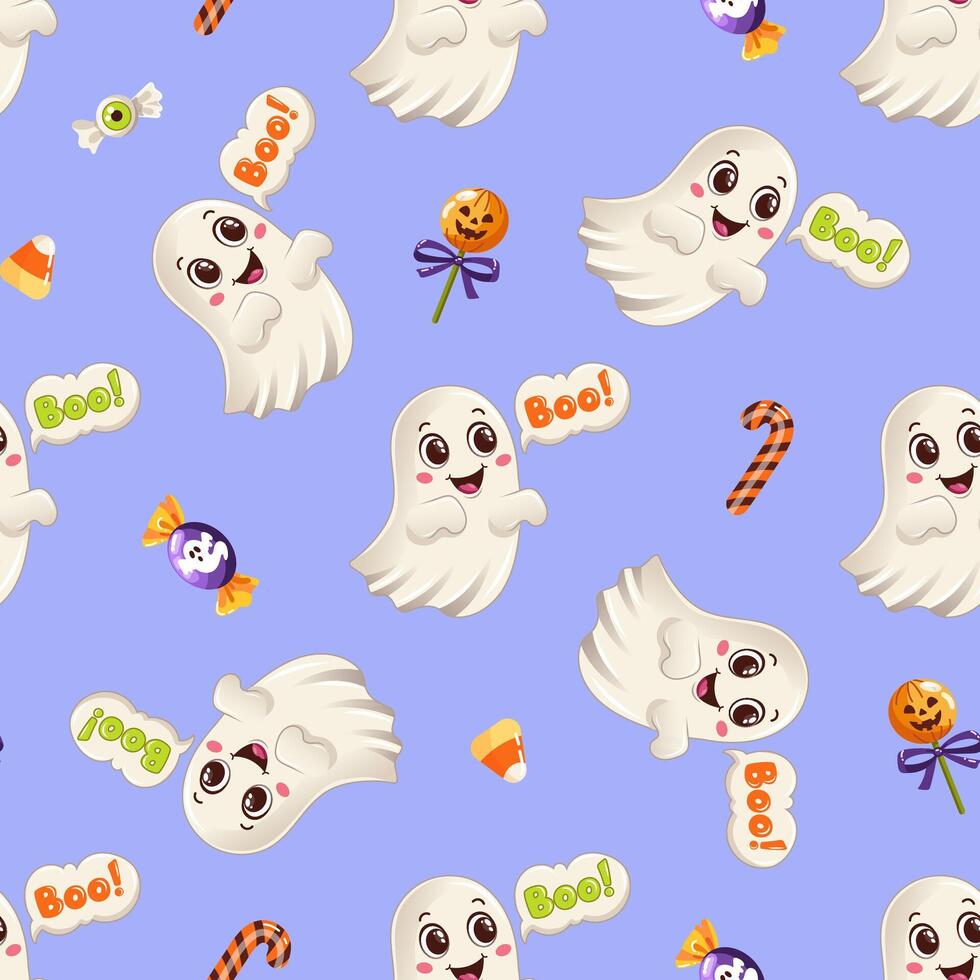 Seamless pattern with cute smiling ghosts, Halloween candies, and playful Boo text on a light purple background vector
