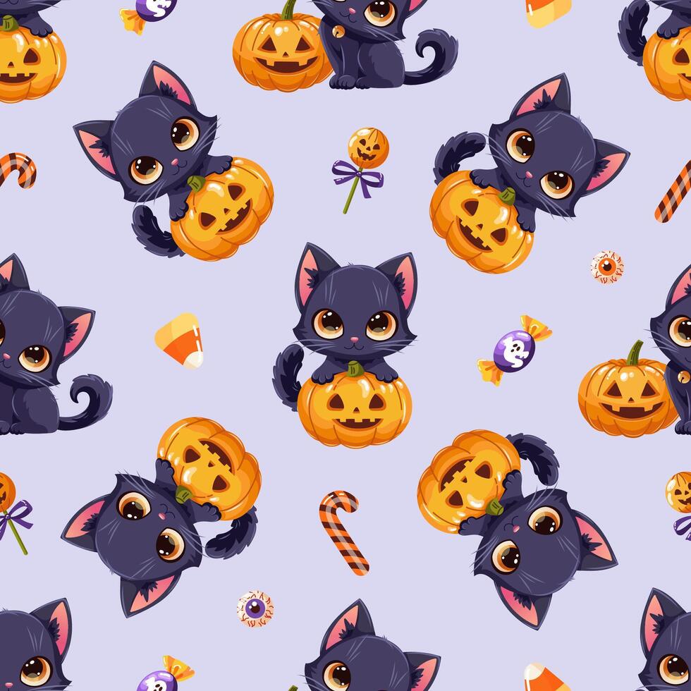 Cute Halloween seamless pattern with adorable black cats playing with pumpkin jack-o-lanterns, candies and spooky treats vector