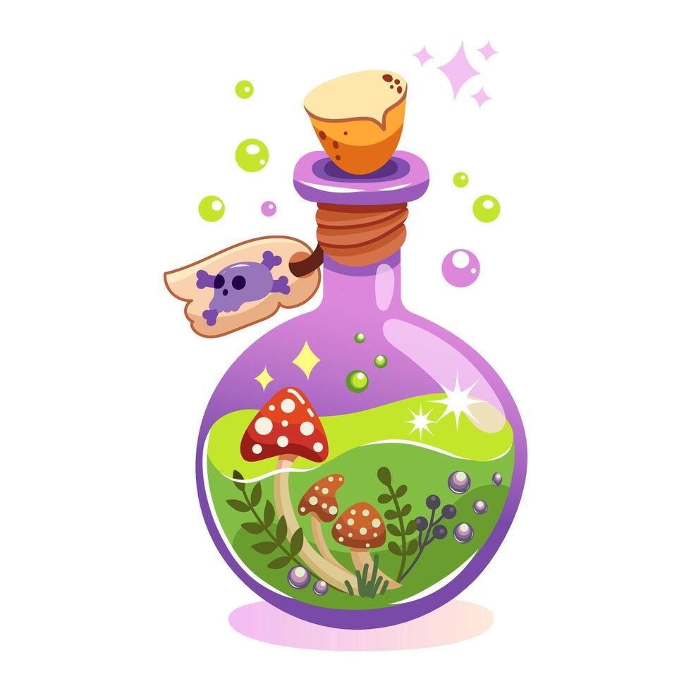 Halloween illustration of a magical potion bottle with mushrooms, vibrant green liquid, and skull tag vector