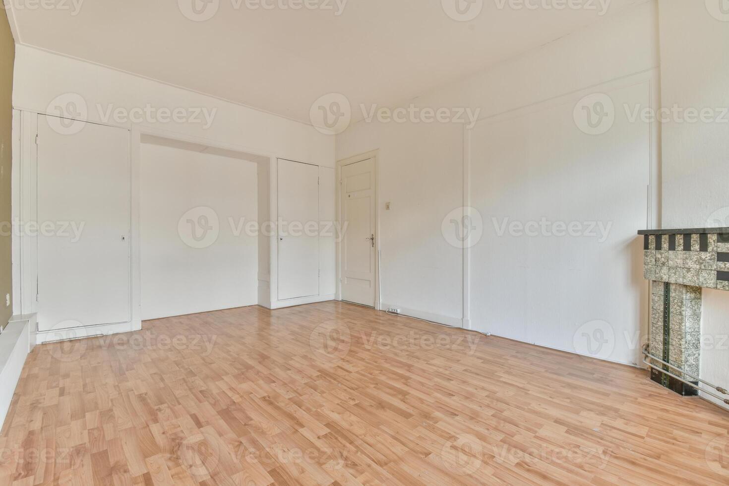 Empty room with wooden floors and white walls photo