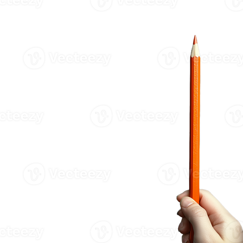Hand holding a single orange pencil vertically, symbolizing creativity, writing, and focus, isolated on a transparent background png