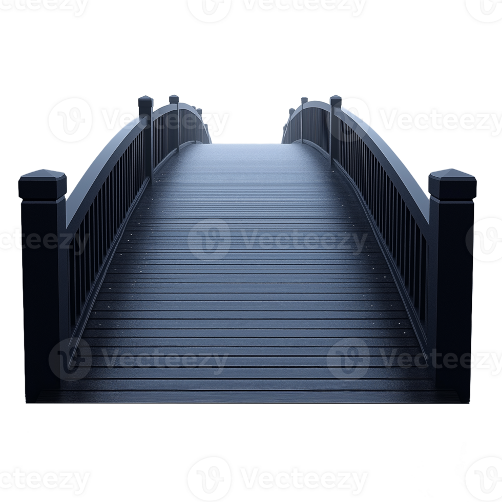 A serene view of a modern black metal bridge with handrails and a clear pathway over a transparent background png