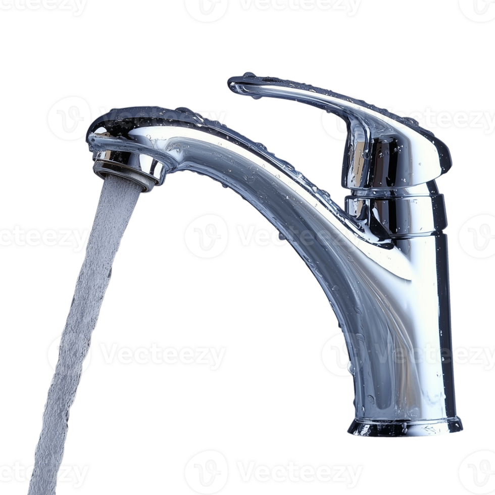 Modern Chrome Faucet with Water Flowing, Transparent Background png