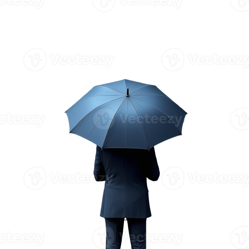 Rear view of a person holding a blue umbrella, dressed in a formal suit, isolated on a transparent background png