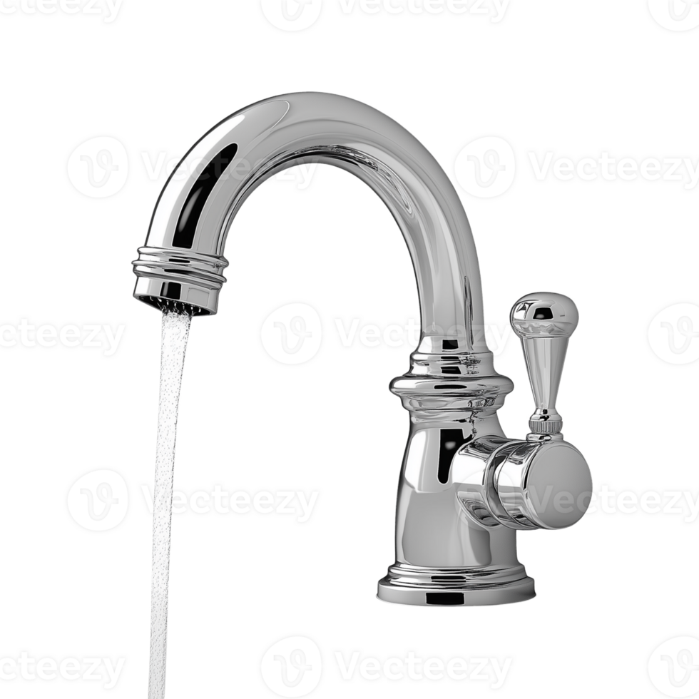Classic Curved Kitchen Faucet with Water Flow, Transparent Background png