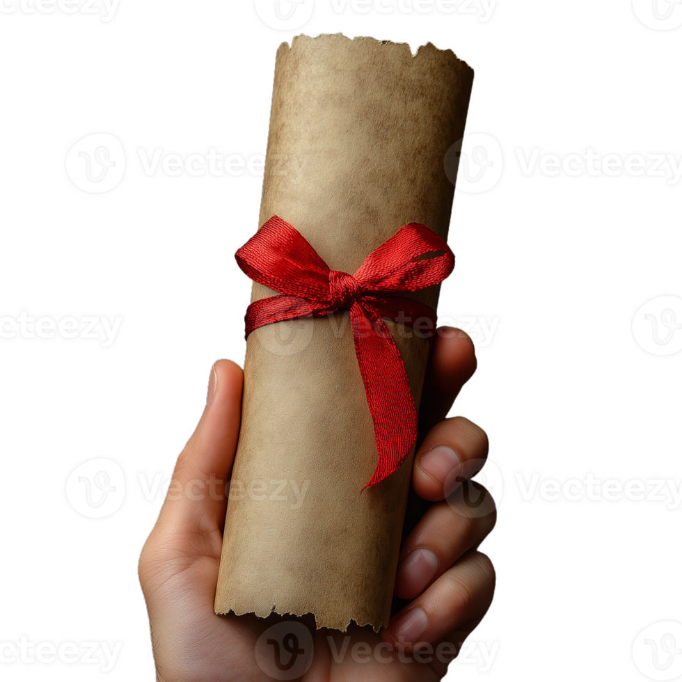 Hand holding a rolled diploma tied with a red ribbon, symbolizing achievement and success, isolated on a transparent background png