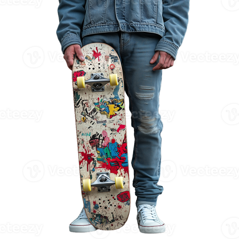 Person holding a graffiticovered skateboard, dressed in casual clothes and sneakers, isolated on a transparent background png