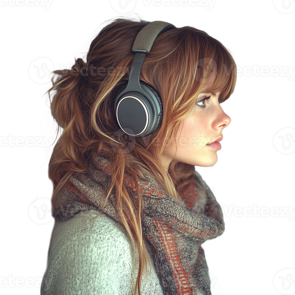 Woman with headphones listening to music, wearing a scarf and sweater, isolated on a transparent background png