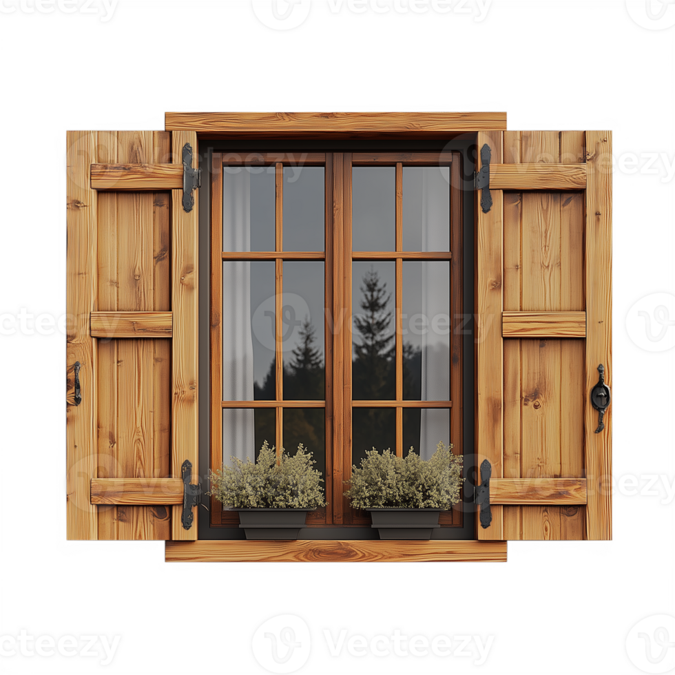 Classic Wooden Window with Flower Box and Shutters, Transparent Background png