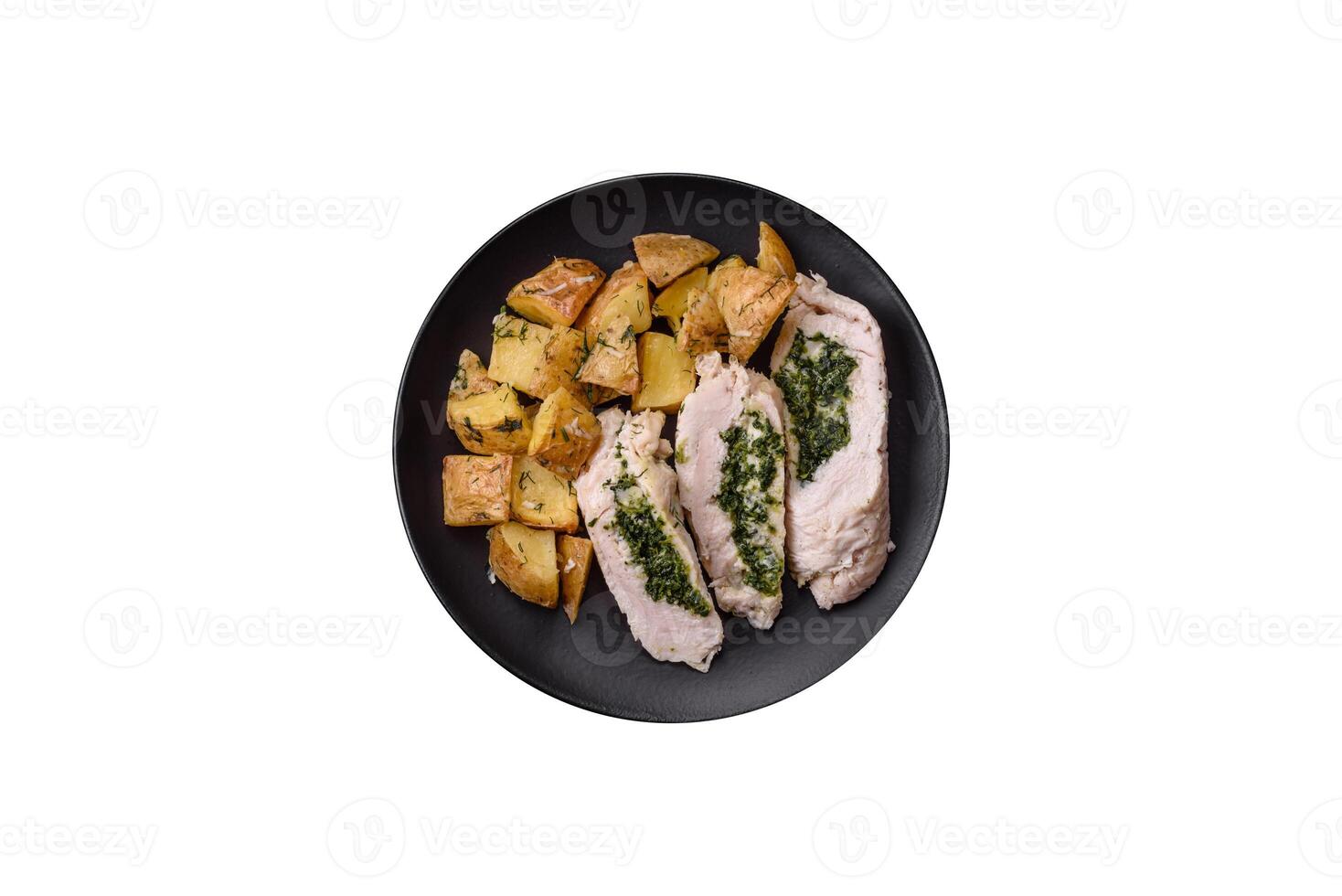 Chicken roulade with spinach, cheese, spices, salt and herbs photo