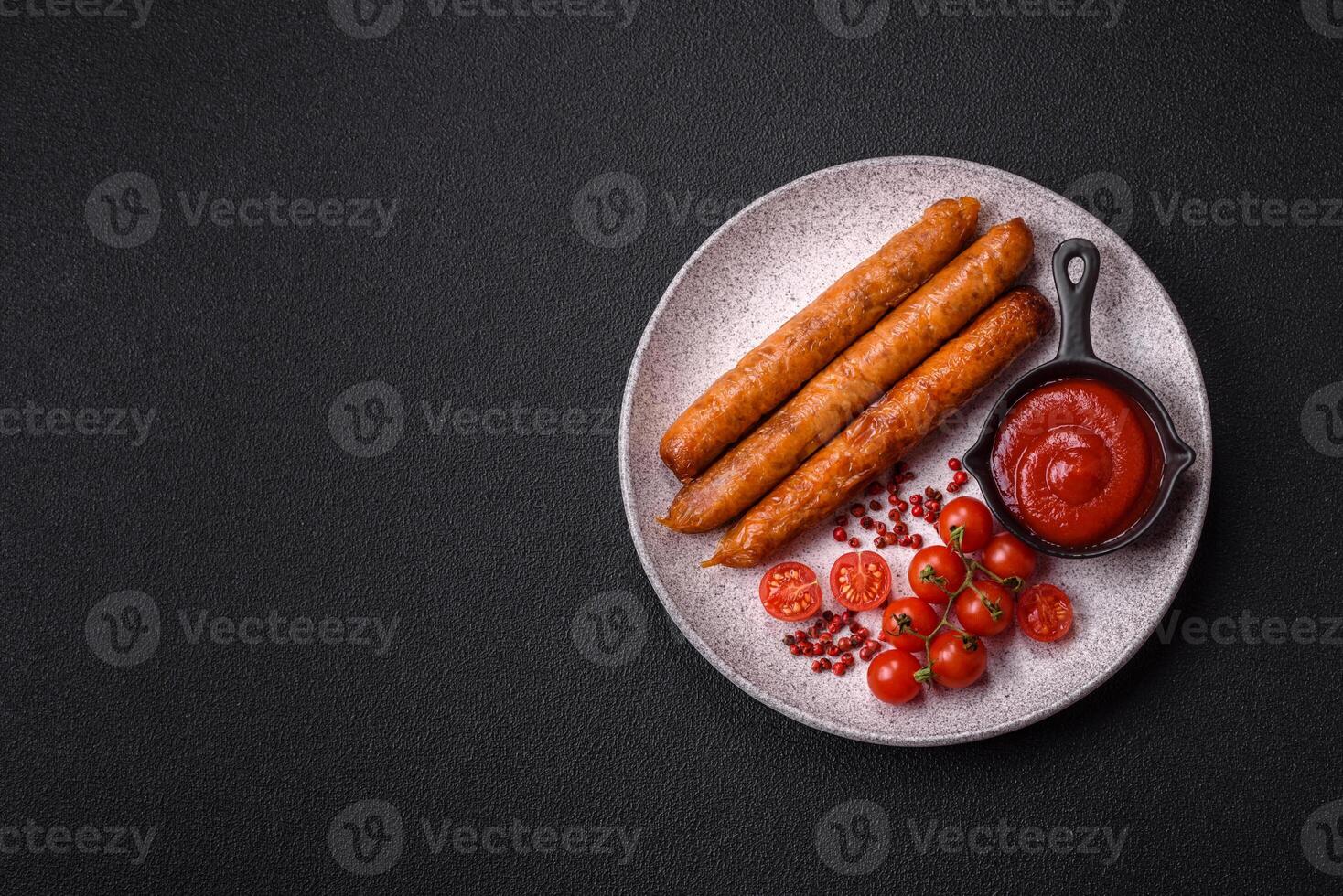 Juicy fried beef or pork sausages with salt, spices and herbs photo