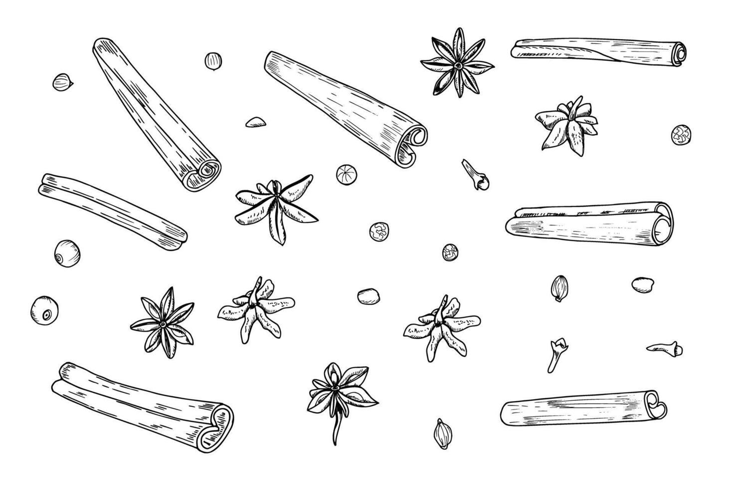 Cinnamon sticks, sea buckthorn, cloves, star anises isolated on white background. Watercolor botanical illustration for the design of invitation, cards, advertising posters, labels vector