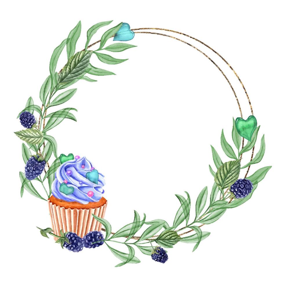 Blackberry cupcakes with whipped creams round golden frame with copy space for text. Green leaves and berries, muffin with topping watercolor illustration for invitation, greetings vector