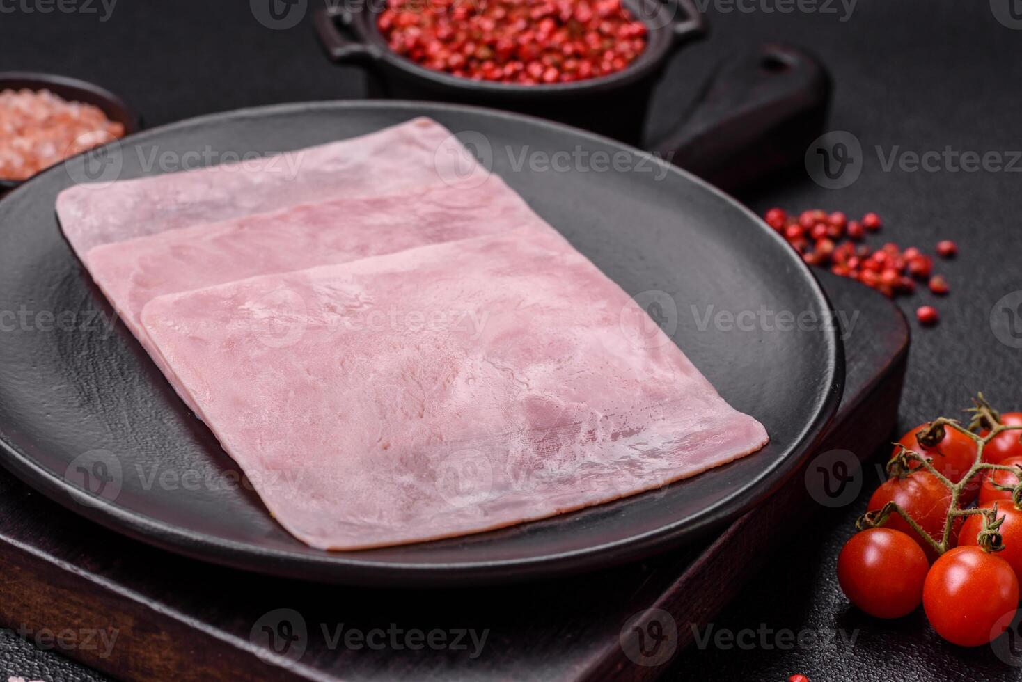 Ham cut into square slices for making delicious nutritious sandwiches photo