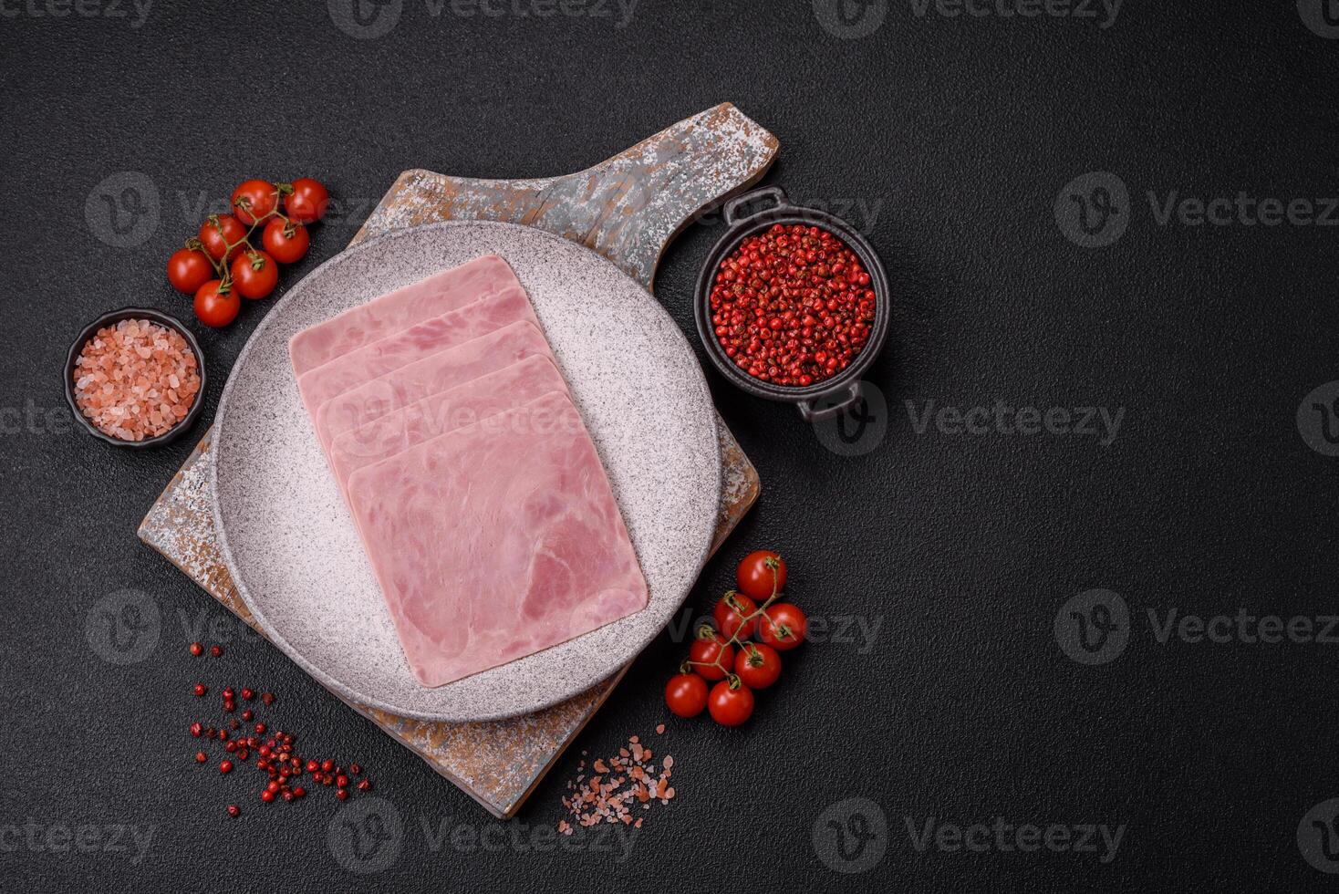 Ham cut into square slices for making delicious nutritious sandwiches photo
