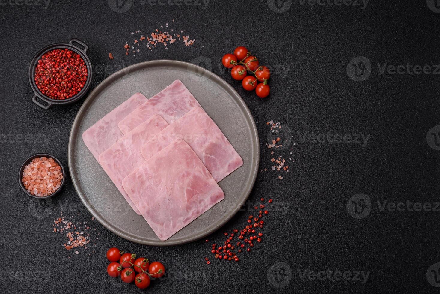 Ham cut into square slices for making delicious nutritious sandwiches photo