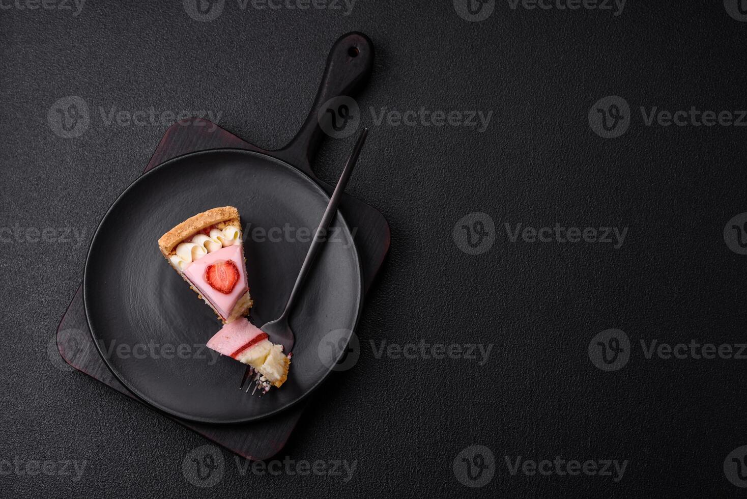 Sweet cheesecake with mascarpone or Philadelphia cheese, jelly and strawberries photo