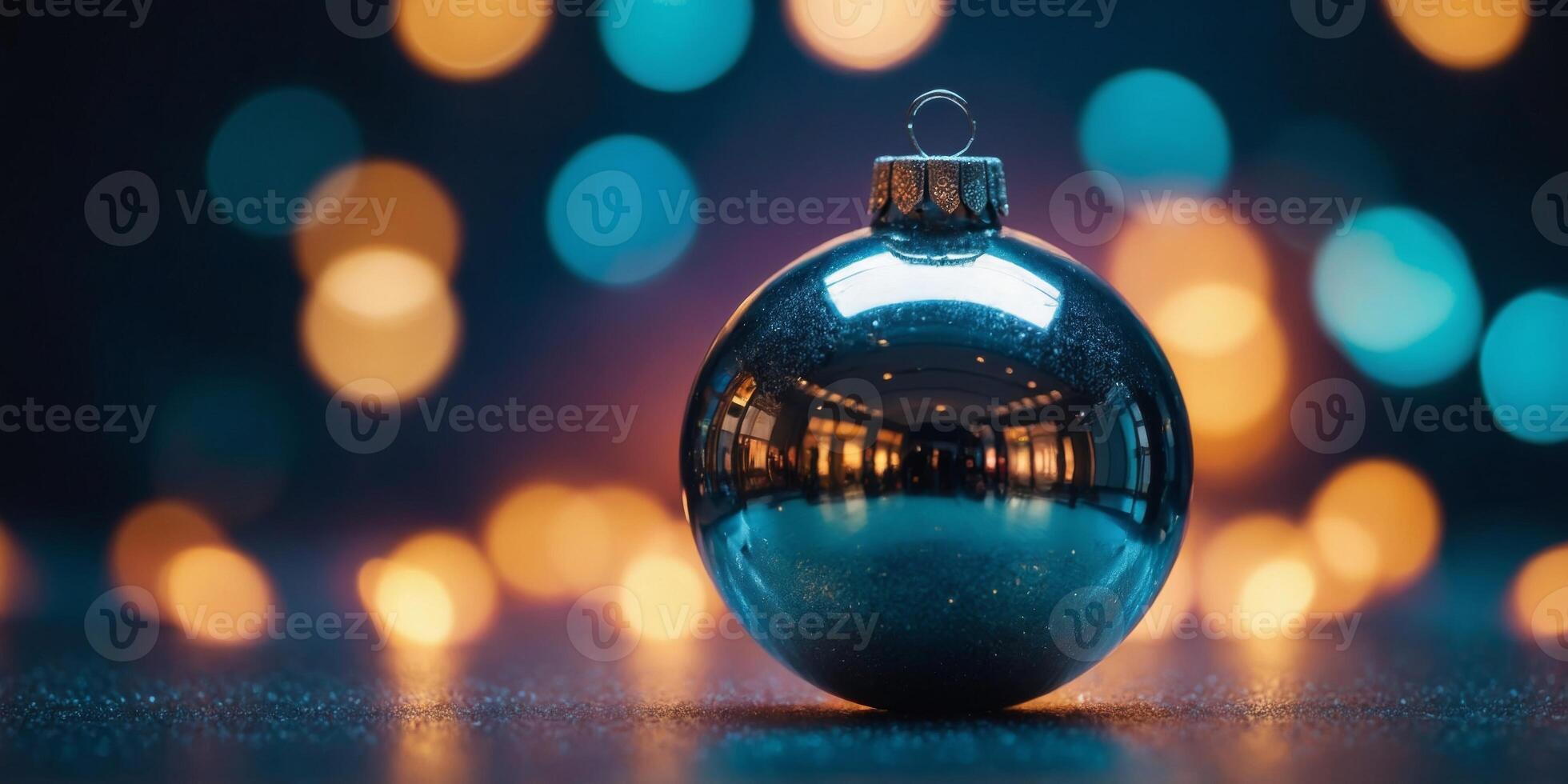 Silver shiny Christmas bauble decoration with reflection on gradient neon color background New Year party concept Minimal style. photo