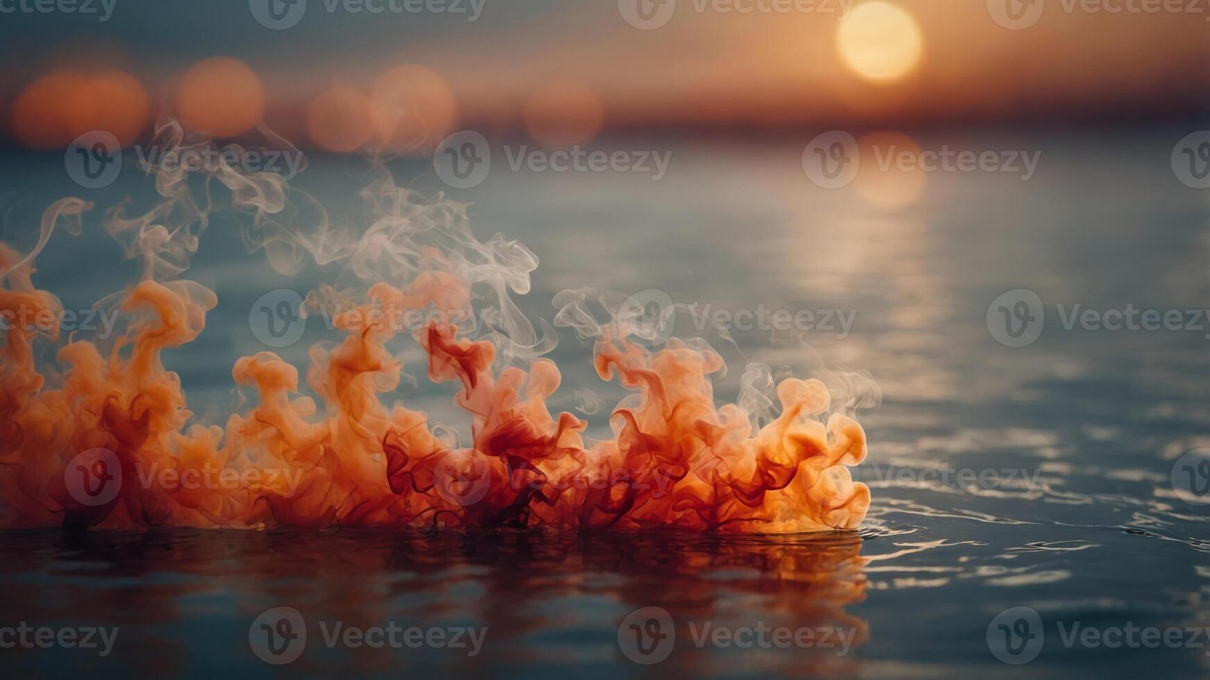 Fiery shades of red and orange smoke create an intense and captivating sight as they reflect off the waters surface. photo