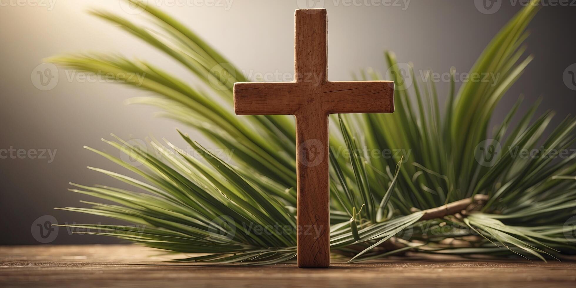 Palm Sunday Copy Space with Wooden Cross and Palm Leaves. photo