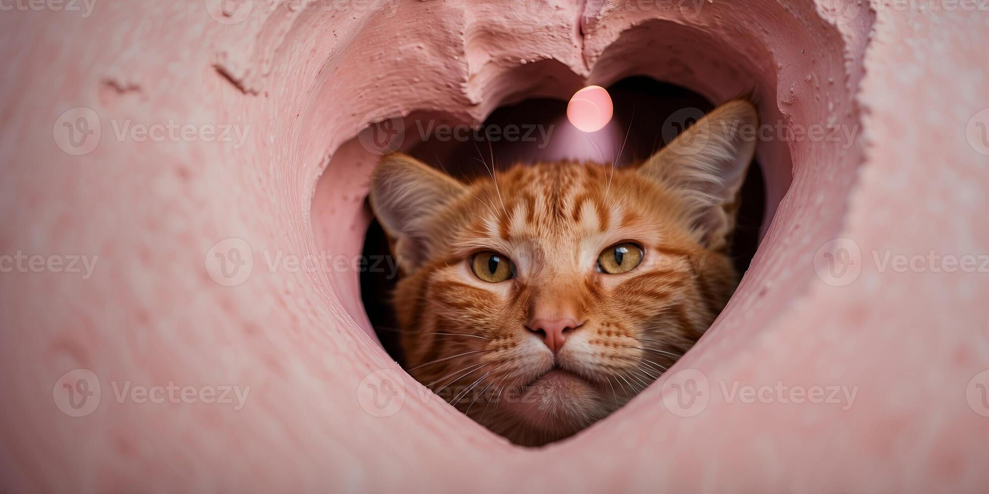 Red cat peeks out of a hole in the shape of a heart on a pink background. photo