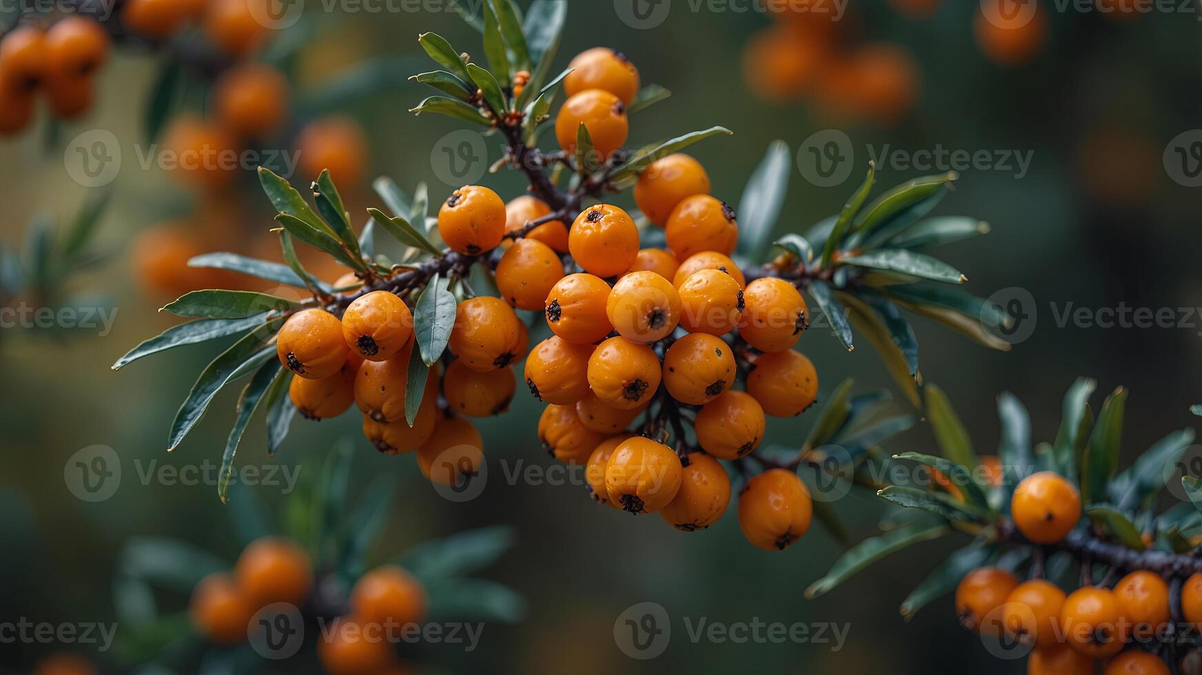 Branch with orange berries seabuckthorn on blurred background, close-up Nature and autumn concept. photo