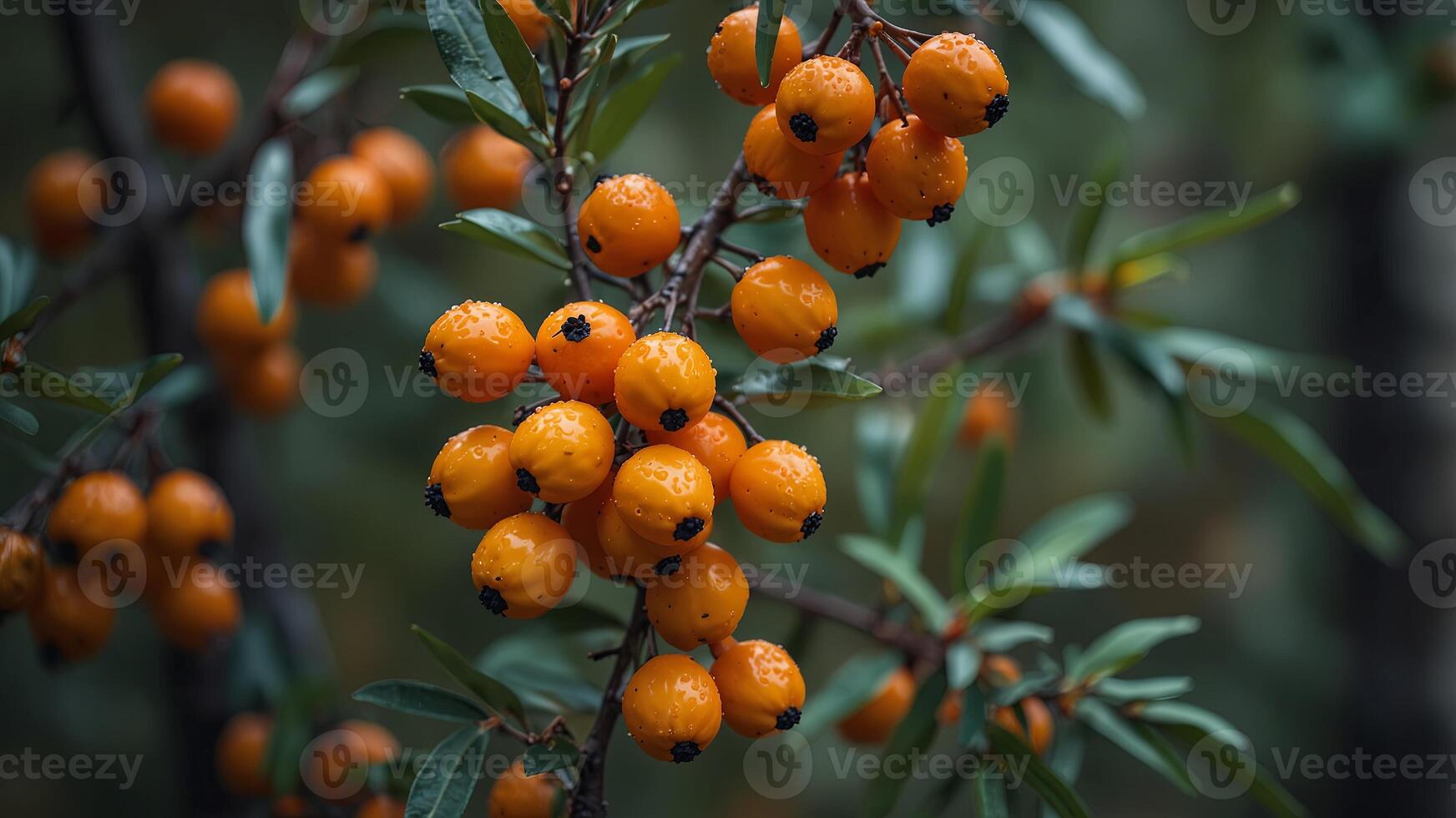 Branch with orange berries seabuckthorn on blurred background, close-up Nature and autumn concept. photo