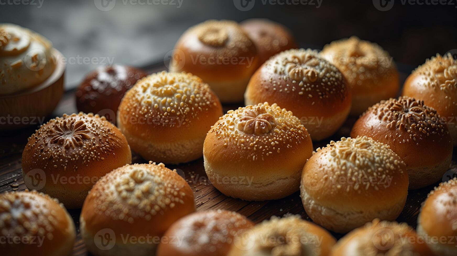 bright Japanese buns, top view, concept of sweets, baking. photo